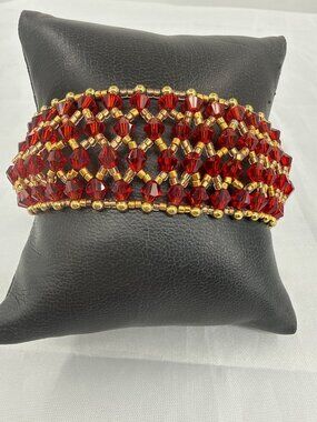 Vintage Red Crystal Gold Beaded Net Cuff Bracelet Goth Prom Statement Retro Glam